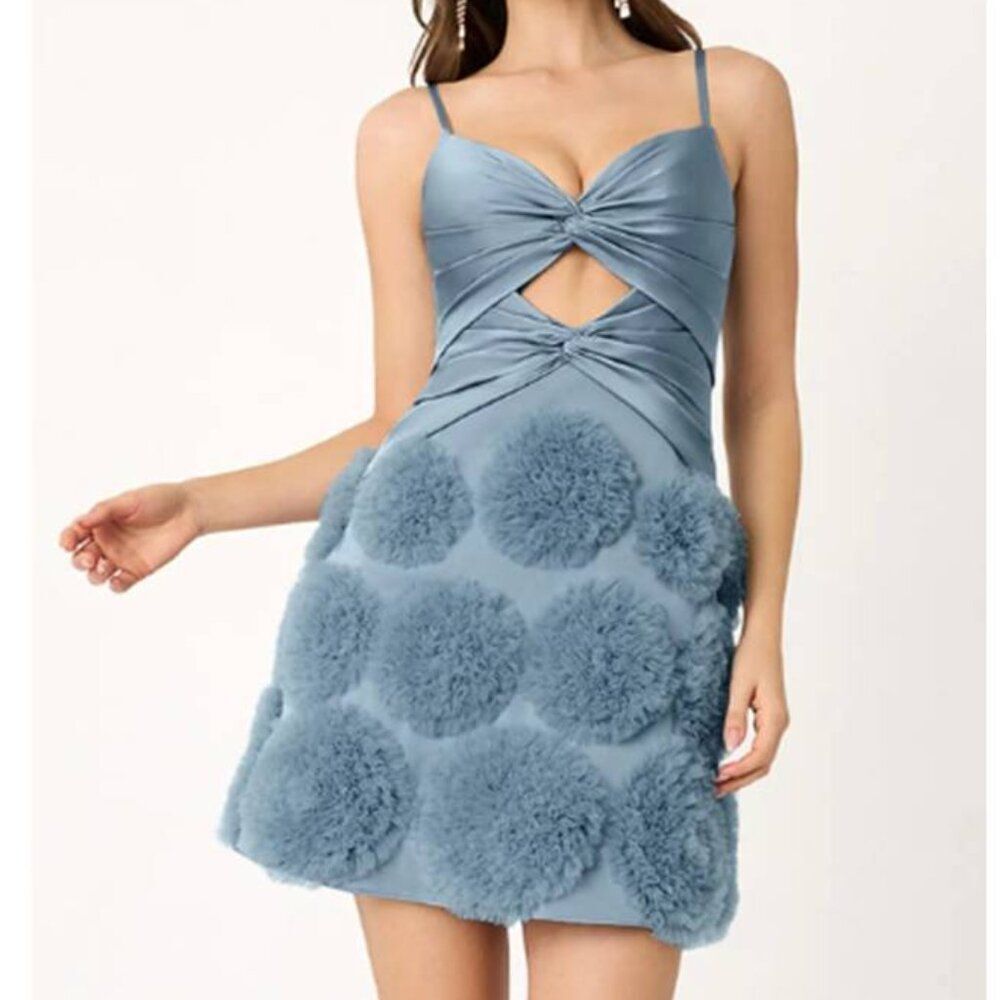 Azazie Leena Stretch Satin Mini Dress PomPom Flower Elegant Blue Homecoming S6